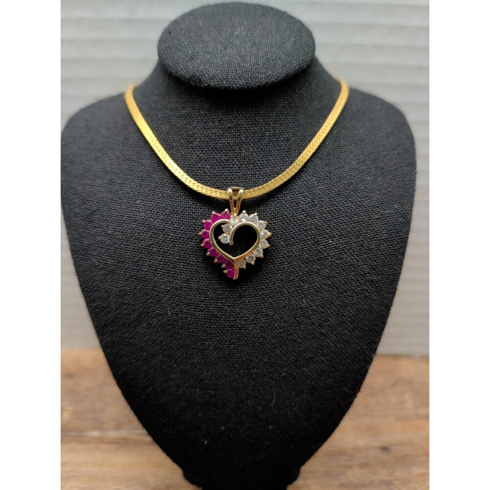 Gold Plated 925 Sterling Silver Little Ruby Stones Heart Charm With Necklace